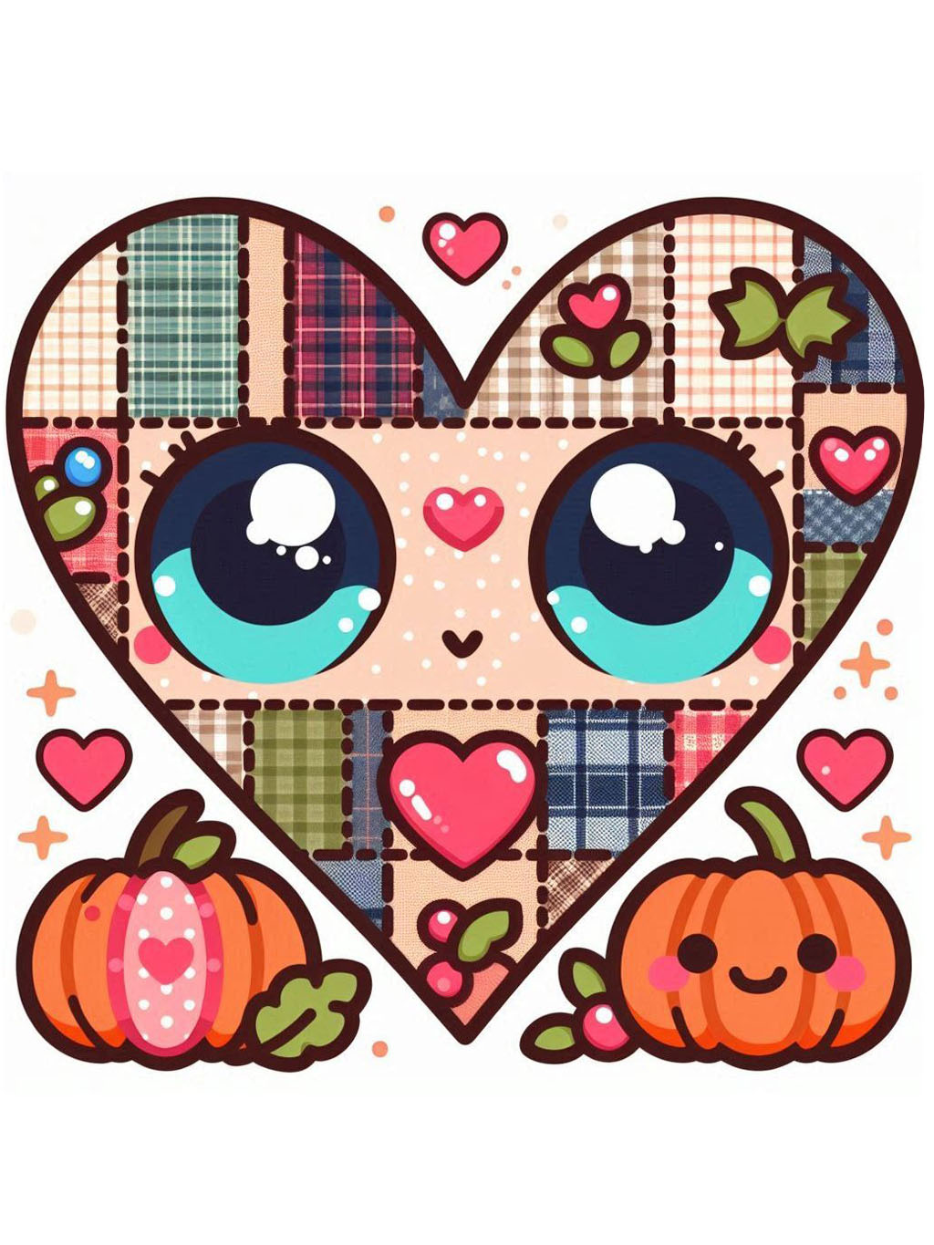 thanksgiving love drawing ideas featuring a heart-shaped patchwork design with large, cute eyes, surrounded by pumpkins and small hearts, creating a warm festive vibe.